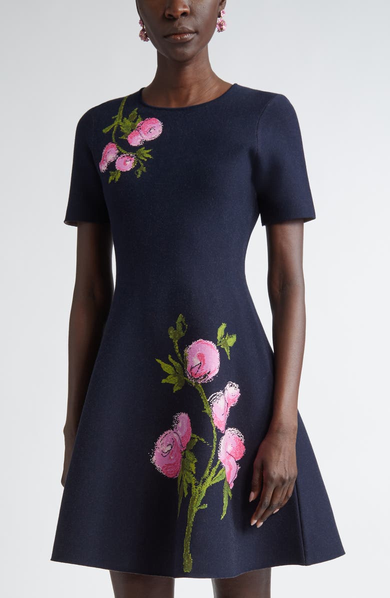 Oscar de la Renta English Rose Jacquard Knit Fit & Flare Dress, Alternate, color, 