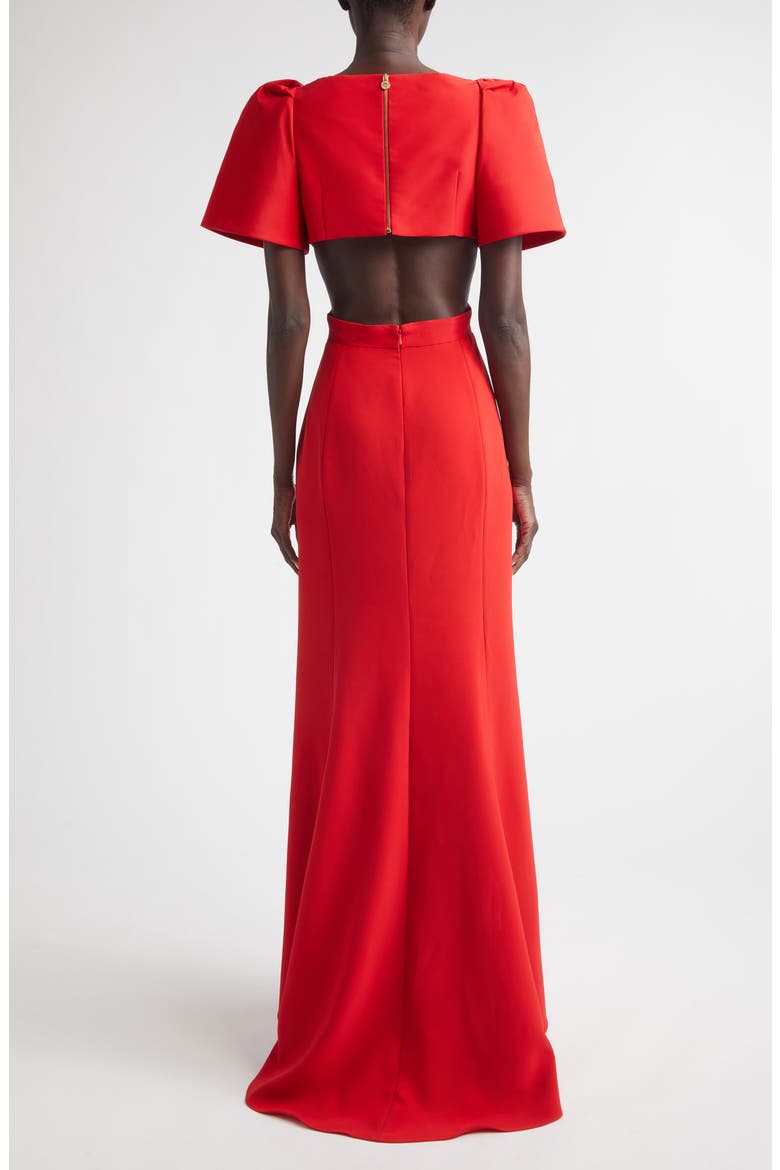 Bell Sleeve Crossover Faille & Crepe Gown, Alternate, color, HERRERA RED