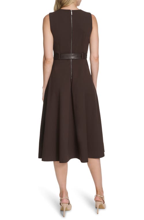 Calvin Klein Faux Leather Belt Scuba Crepe Midi A-line Dress In Brown