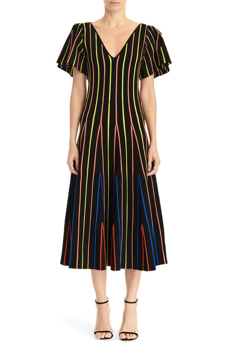 Flutter Sleeve Fit & Flare Midi Dress, Main, color, BLACK MULTI