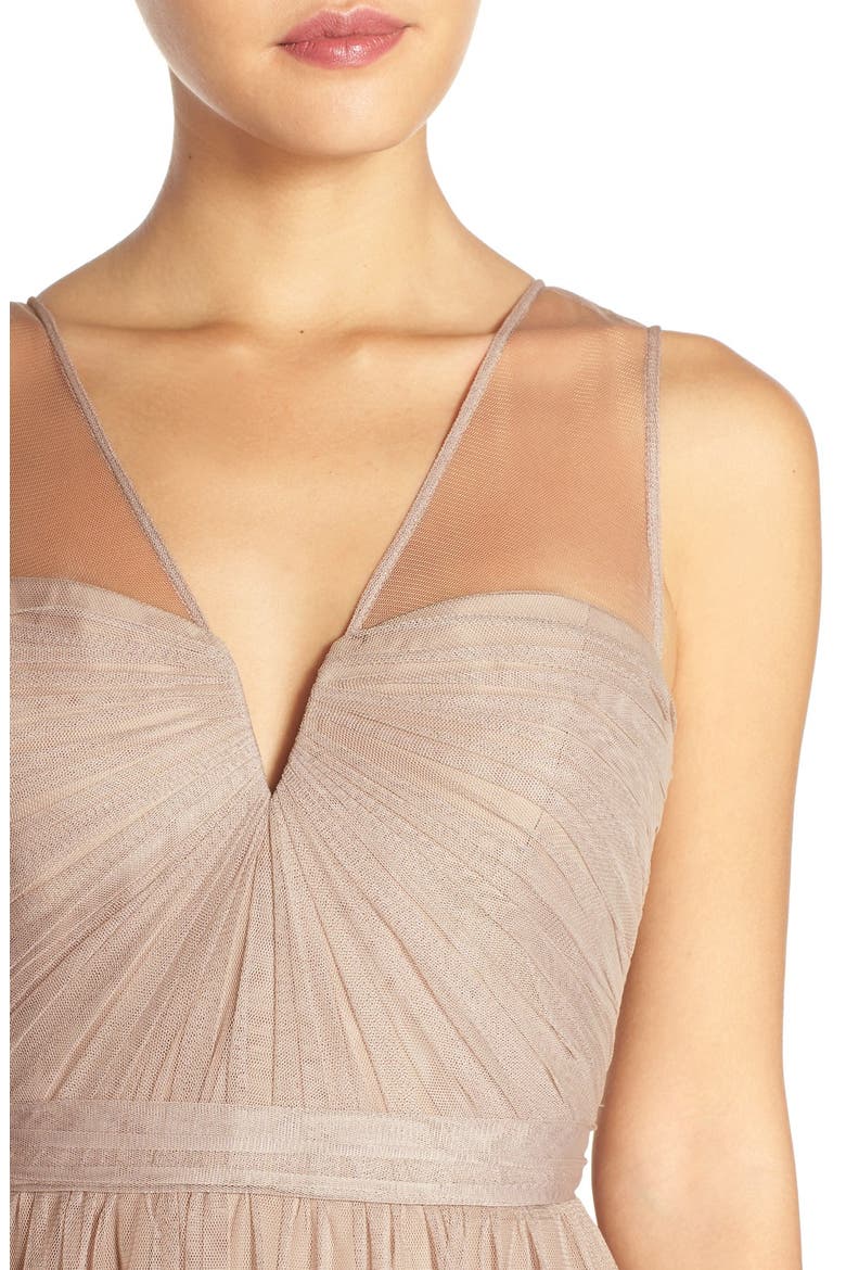 'Alyce' Illusion V-Neck Pleat Tulle Gown, Alternate, color, LATTE