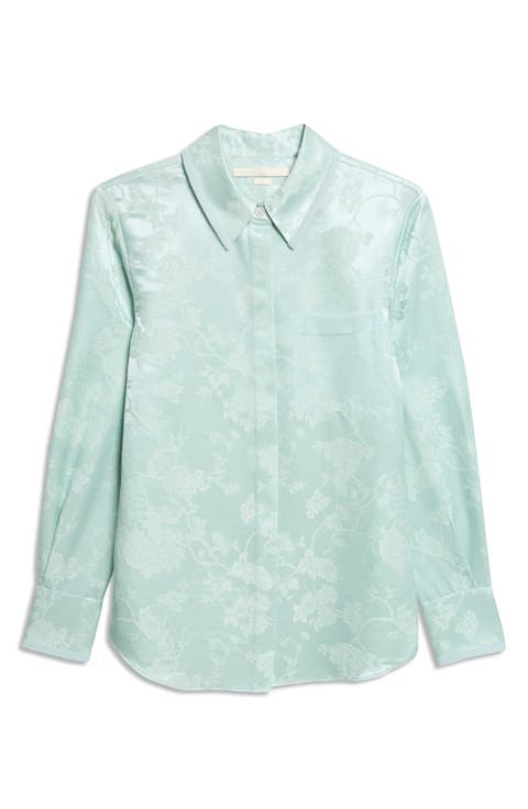 Floral Wool & Silk Satin Jacquard Button-Up Shirt
