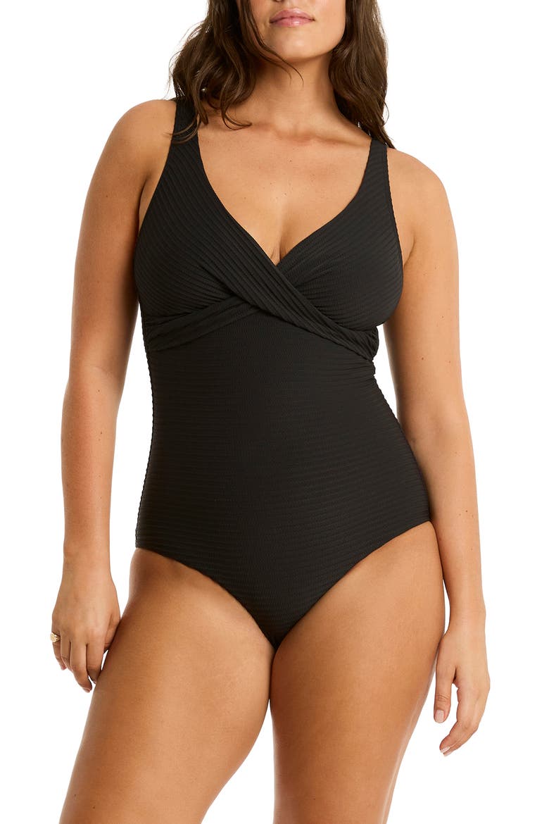 Spinnaker Crossover One-Piece Swimsuit, Main, color, BLACK