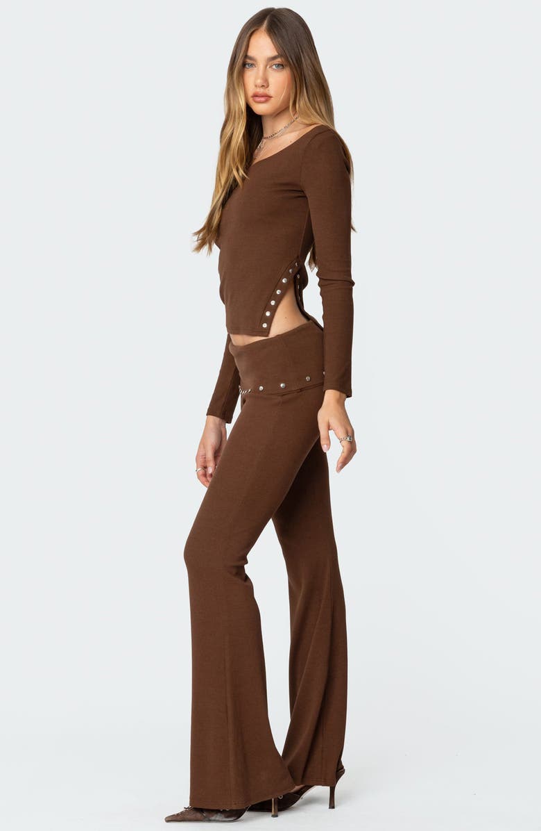 EDIKTED Aries Foldover Studded Waist Flare Leggings, Alternate, color, Brown