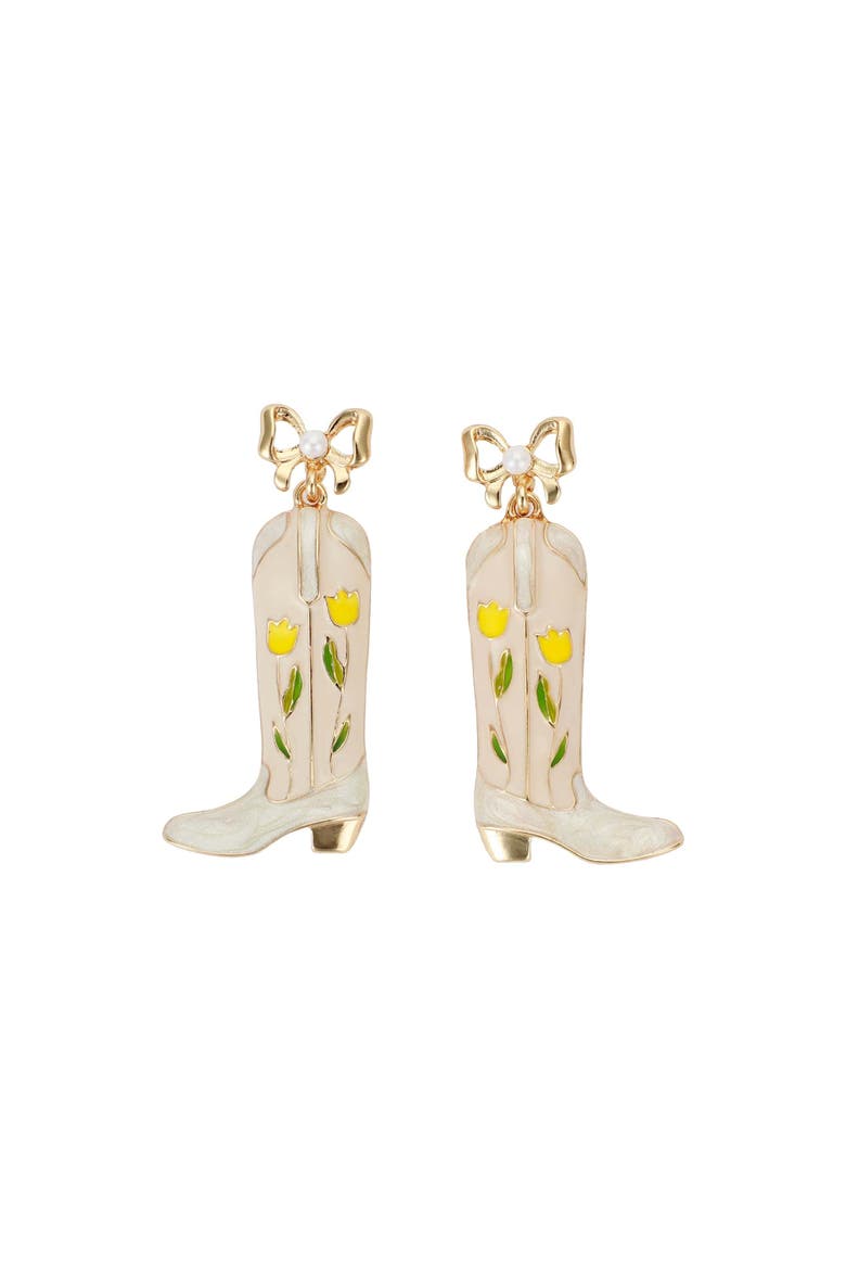 Yellow Daisy Cowboy Boot Earrings - Hypoallergenic Gold-Tone Bow Post with Enamel Florals and Pearl Accents, 1.8 Inch, Main, color, White