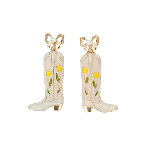 Yellow Daisy Cowboy Boot Earrings - Hypoallergenic Gold-Tone Bow Post with Enamel Florals and Pearl Accents, 1.8 Inch