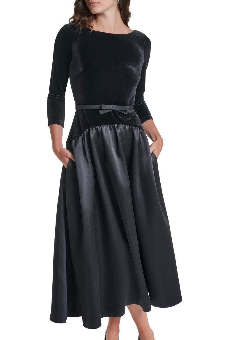 Belted Stretch Velvet & Satin Midi Dress, Alternate, color, BLACK