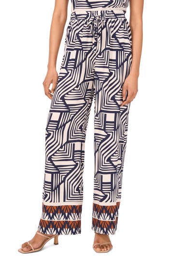 Halogen ® Print Tie Waist Wide Leg Pants In Blue Fusion Blue Border