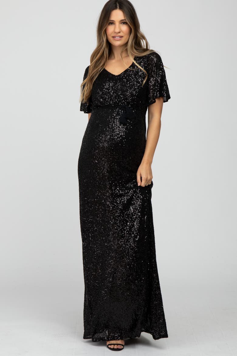 Sequin Short Sleeve Maxi Dress, Main, color, Black