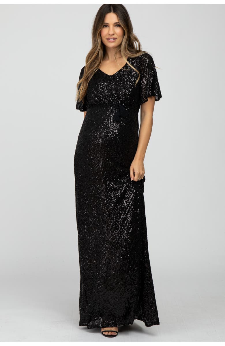 PinkBlush Sequin Short Sleeve Maxi Dress, Main, color, Black