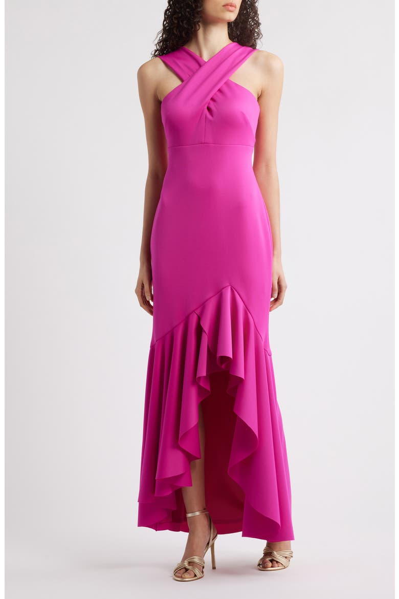 Cross Neck High-Low Evening Dress, Main, color, HOT PINK