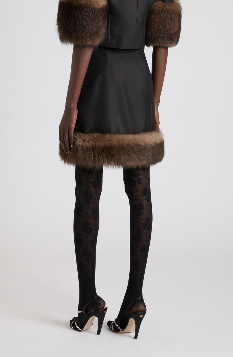 Valentino Silk Shantung Miniskirt with Genuine Shearling Trim, Alternate, color, Black