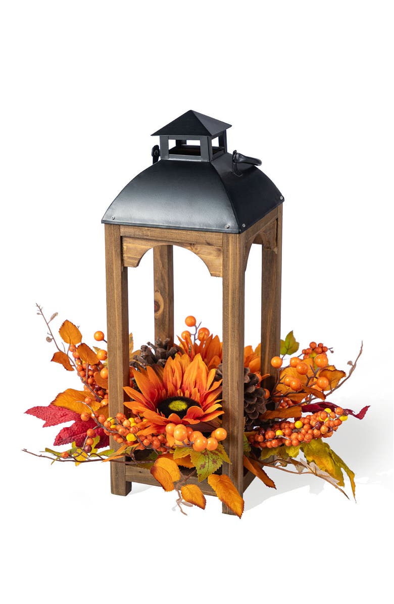 Glitzhome Fall Sunflower Pinecone and Berry Wood Lantern Centerpiece, Main, color, Orange