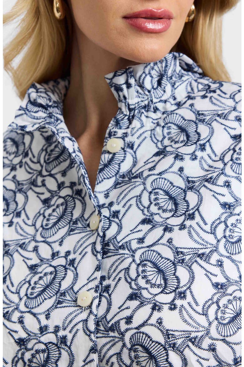 Carolina Floral Embroidered Cotton Button-Up Shirt, Alternate, color, WHITE/ NAVY