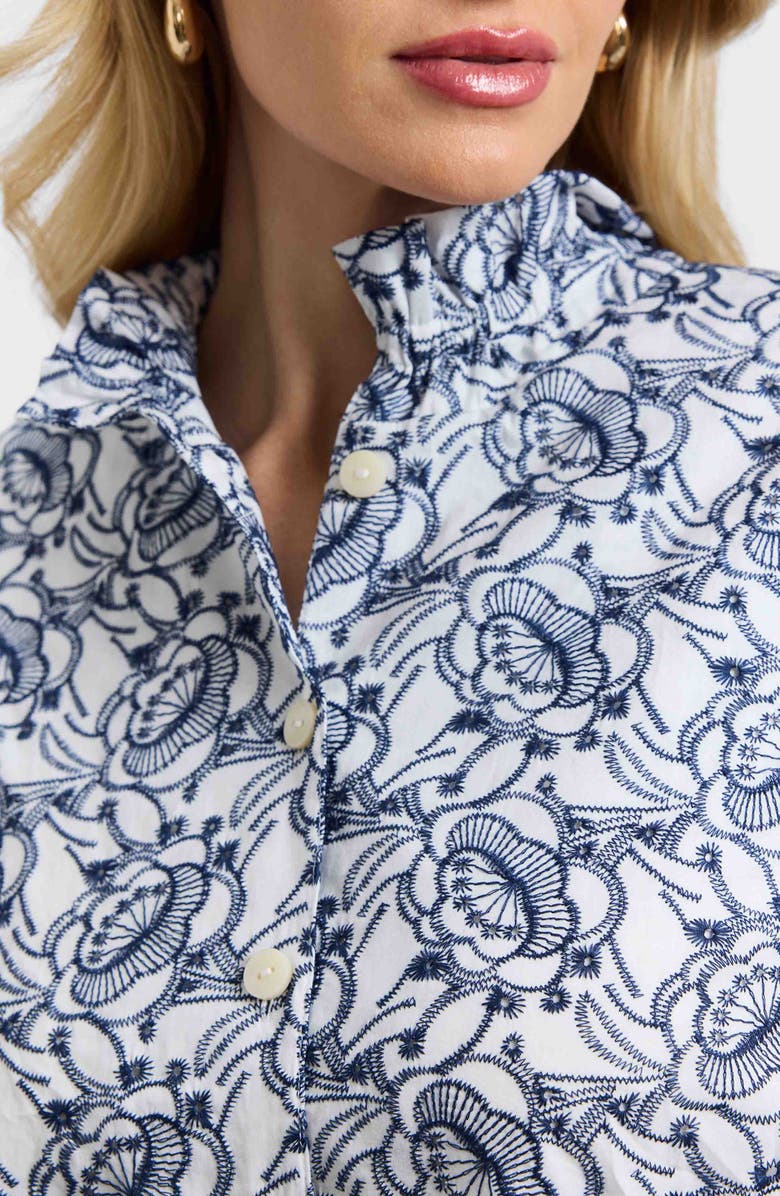 Foxcroft Carolina Floral Embroidered Cotton Button-Up Shirt, Alternate, color, White/ Navy