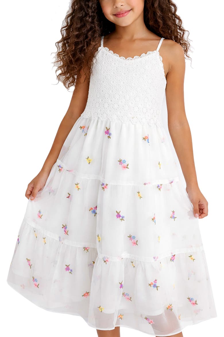 Kids' Crochet Bodice Floral Embroidered Tiered Mesh Maxi Dress, Alternate, color, WHITE