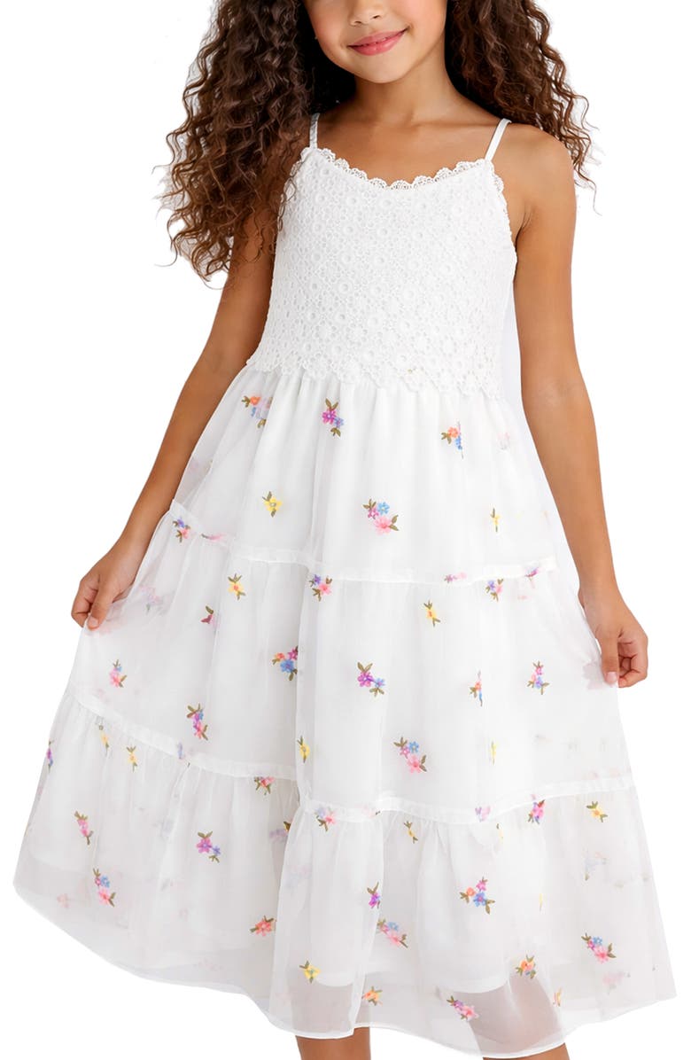 Zunie Kids' Crochet Bodice Floral Embroidered Tiered Mesh Maxi Dress, Alternate, color, White