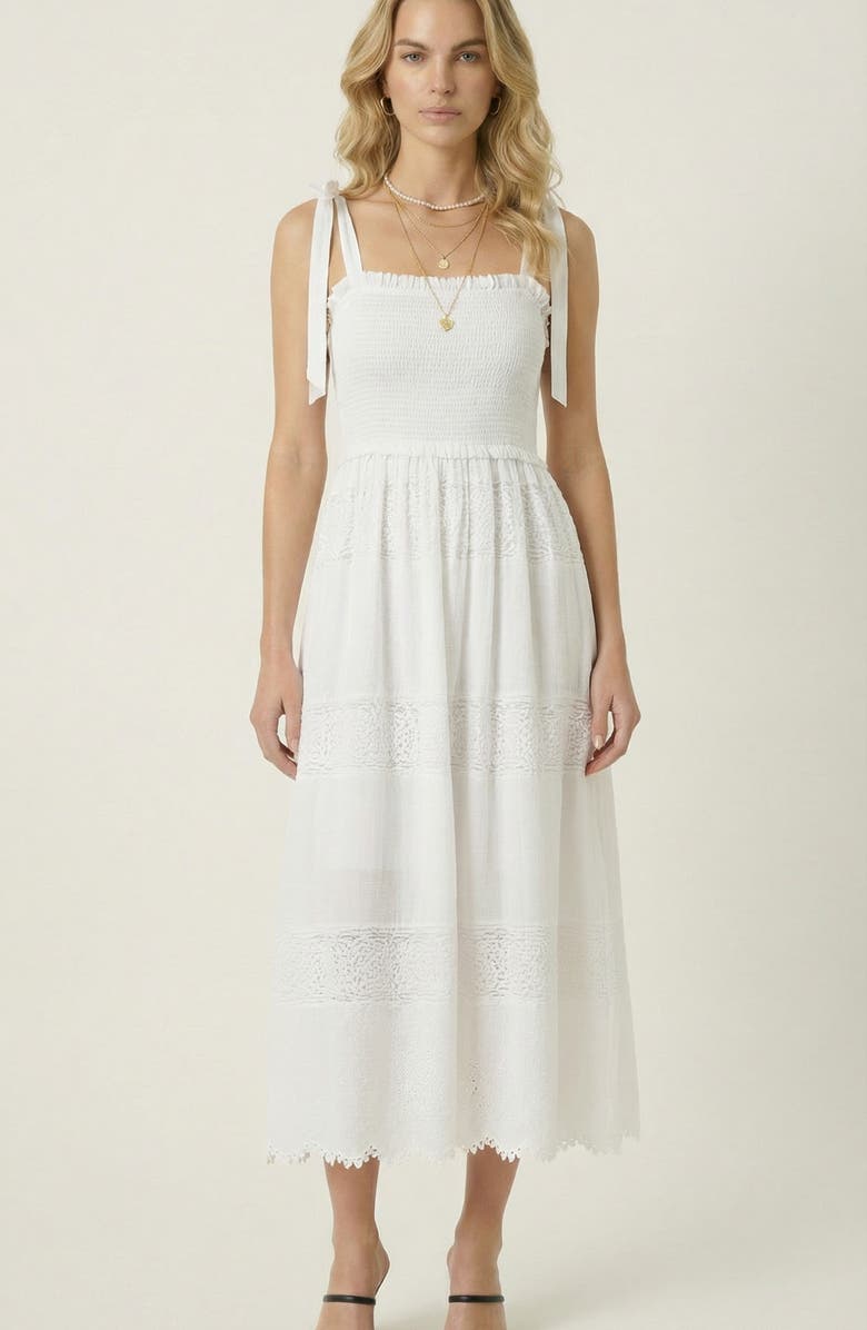 Modenaire Smocked Lace Eyelet Maxi Dress, Main, color, White