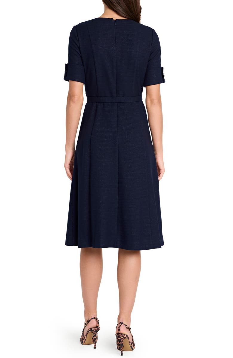 Tahari ASL Metallic Tweed Belted Dress, Alternate, color, Navy