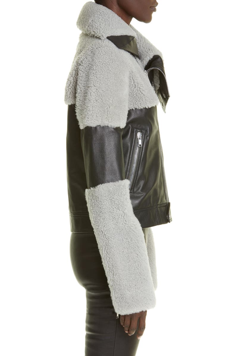 Rick Owens Asymmetric Leather & Genuine Shearling Jacket, Alternate, color,