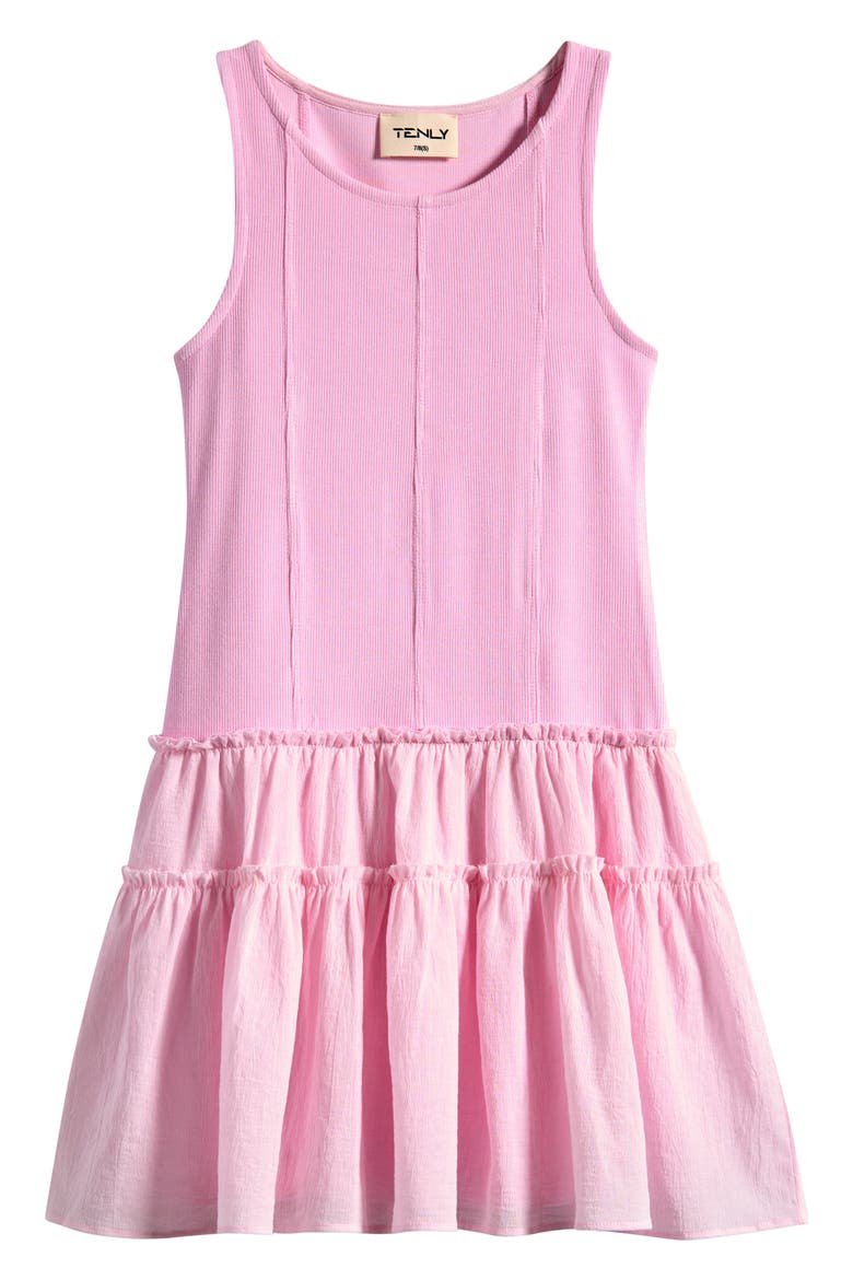 Kids' Mixed Media Drop Waist Dress, Main, color, PINK GUAVA