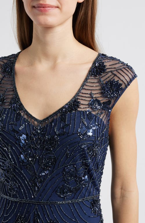Pisarro Nights Beaded Sleeveless Chiffon Evening Dress In Navy