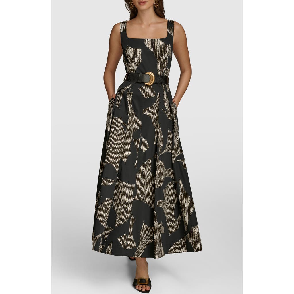 Donna Karan New York Sleeveless Floral Stretch Cotton Midi Dress With Pockets In Black