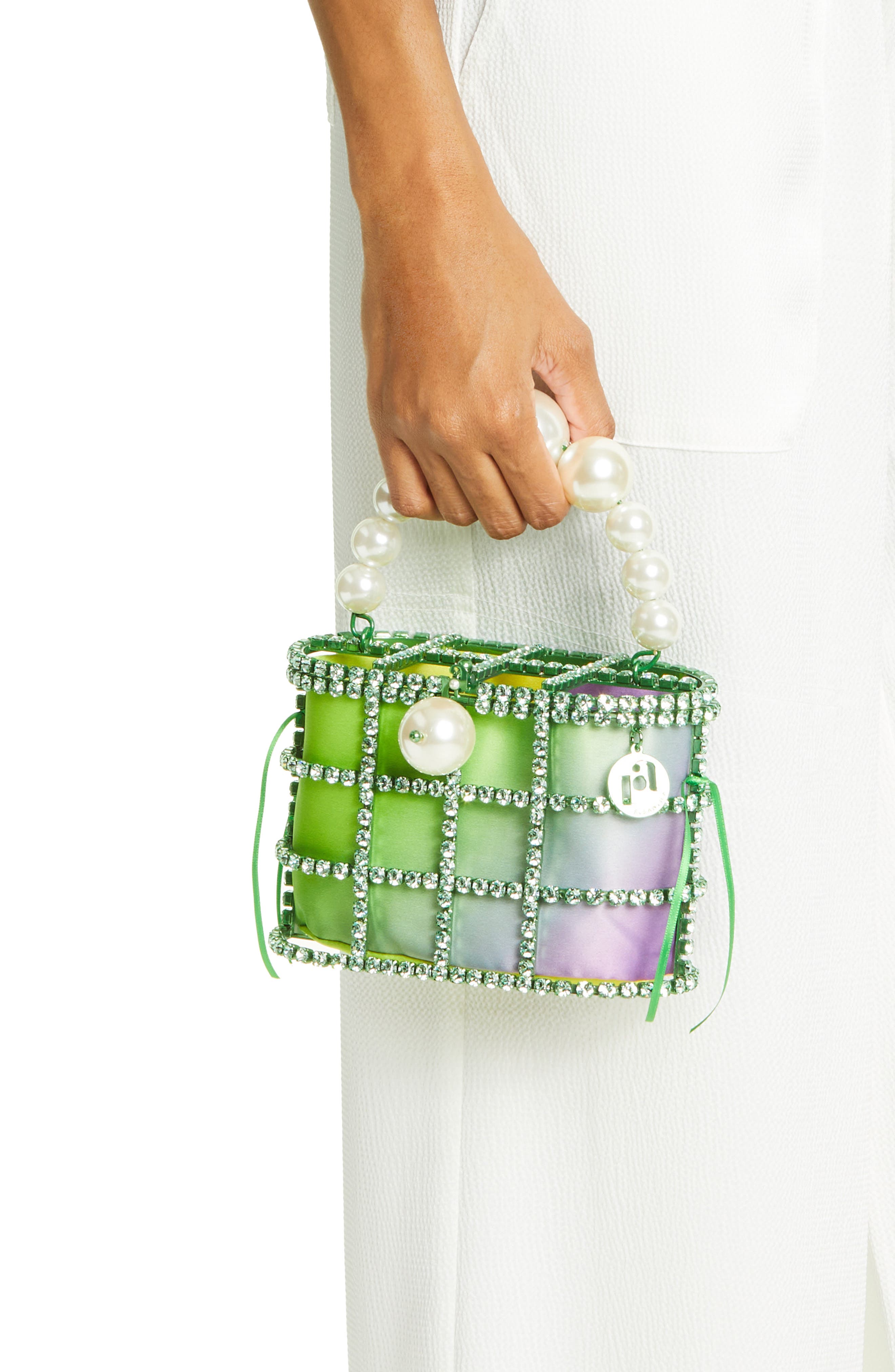 Rosantica Holli Crystal & Imitation Pearl Satin Handbag, Alternate, color, 