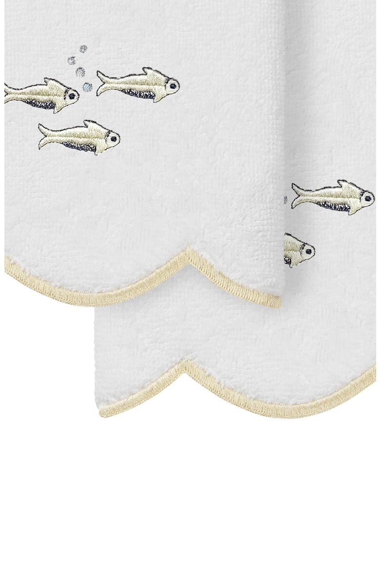 2-Piece Fish School Embroidered Turkish Cotton Fingertip Towel Set, Alternate, color, WHITE/ BEIGE