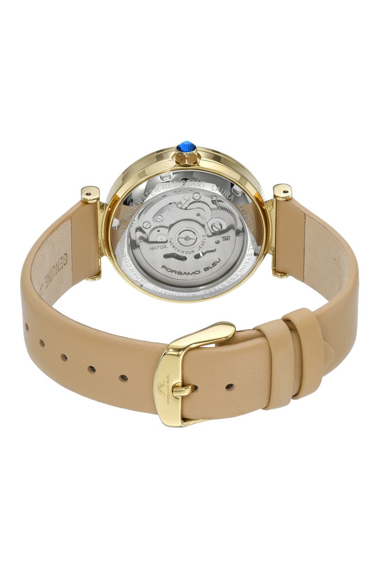 Laura White Topaz Automatic Leather Strap Watch, 36mm, Alternate, color, BEIGE GOLD