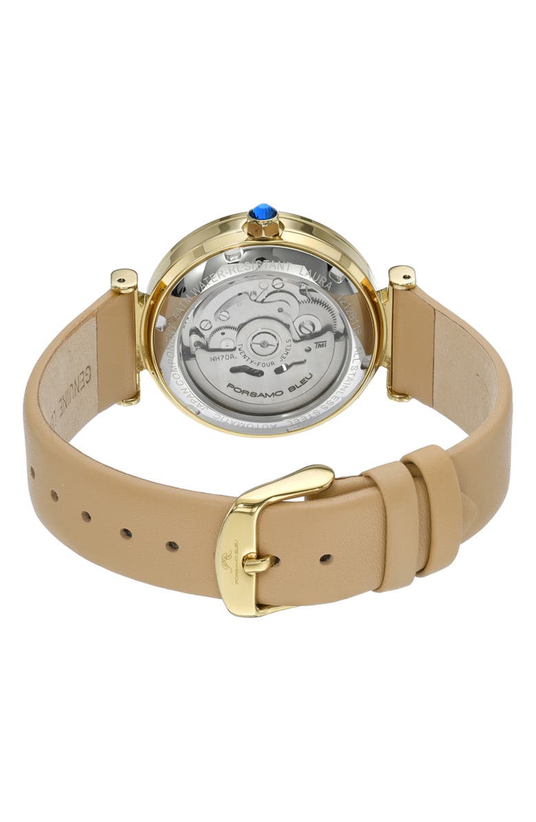 PORSAMO BLEU Laura White Topaz Automatic Leather Strap Watch, 36mm, Alternate, color, Beige Gold