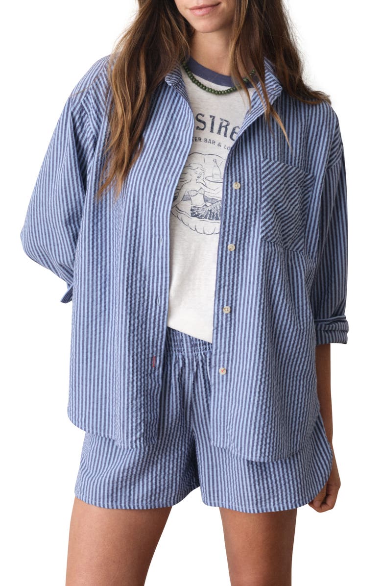 Marine Layer Gracey Stripe Oversize Cotton & Kapok Seersucker Button-Up Shirt, Main, color,