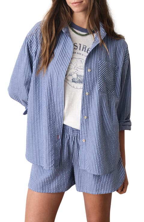 Gracey Stripe Oversize Cotton & Kapok Seersucker Button-Up Shirt