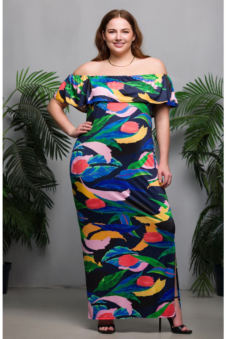 Floral Off the Shoulder Knit Maxi Dress, Alternate, color, GREEN MULTI