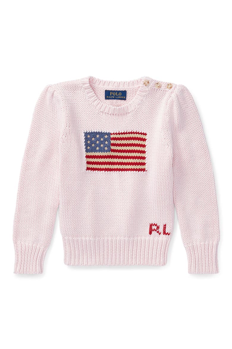 Kids' Flag Intarsia Cotton Sweater, Main, color, ACACIA PINK