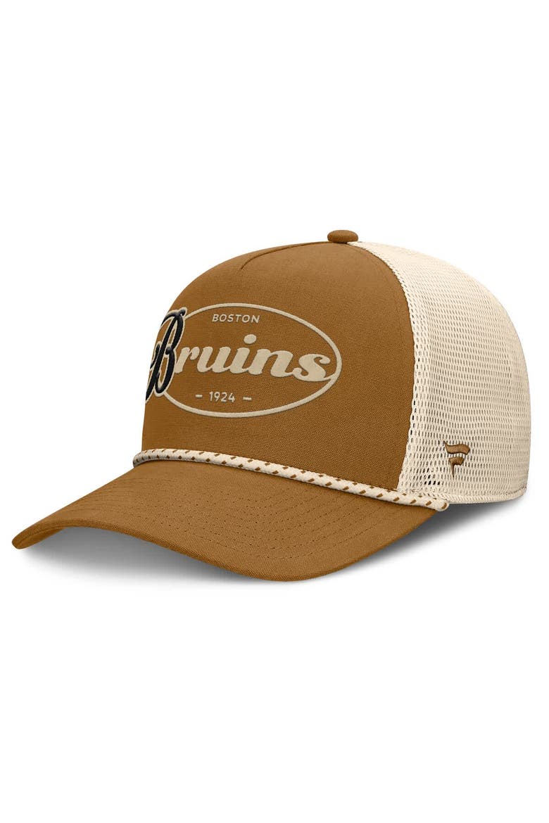 Men's Fanatics Brown/Cream Boston Bruins Heritage Fetch A-Frame Trucker Adjustable Hat, Main, color, Brown