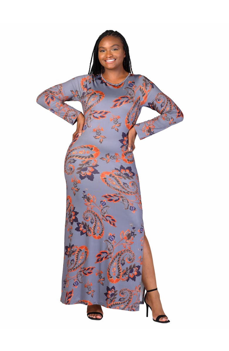 24seven Comfort Apparel Long Sleeve Side Slit Fitted Maxi Dress, Main, color, Grey Multi