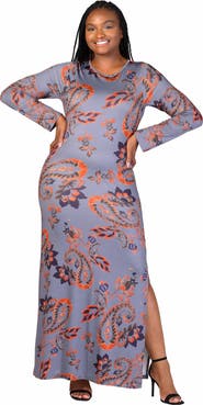 24seven Comfort Apparel Long Sleeve Side Slit Fitted Maxi Dress
