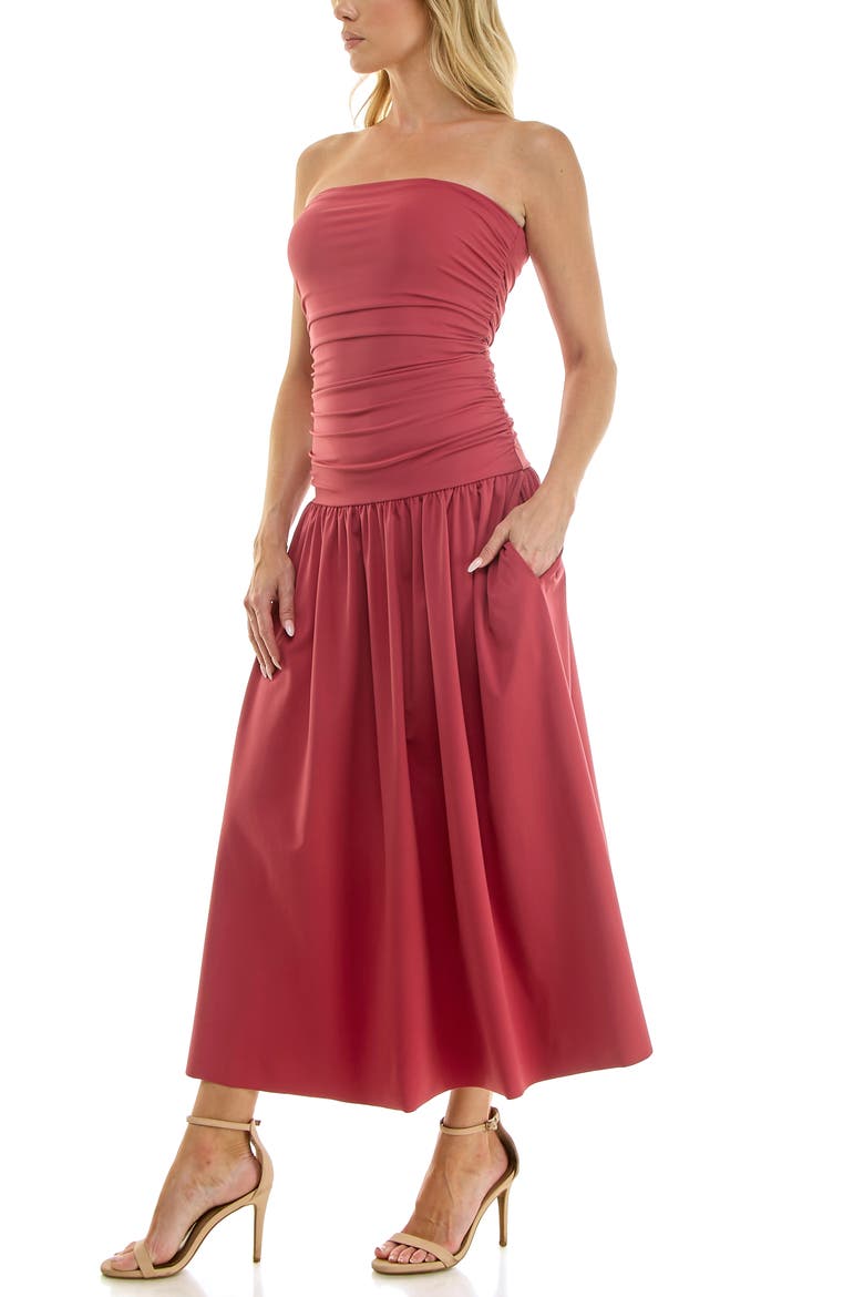 Ruched Bodice Strapless Dress, Alternate, color, BERRY