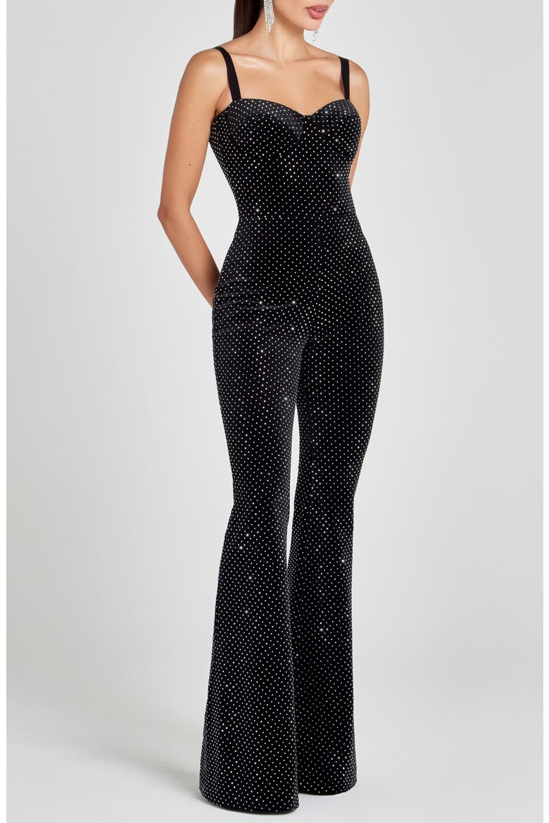 Roxanne Crystal Velvet Flare Leg Jumpsuit, Alternate, color, BLACK