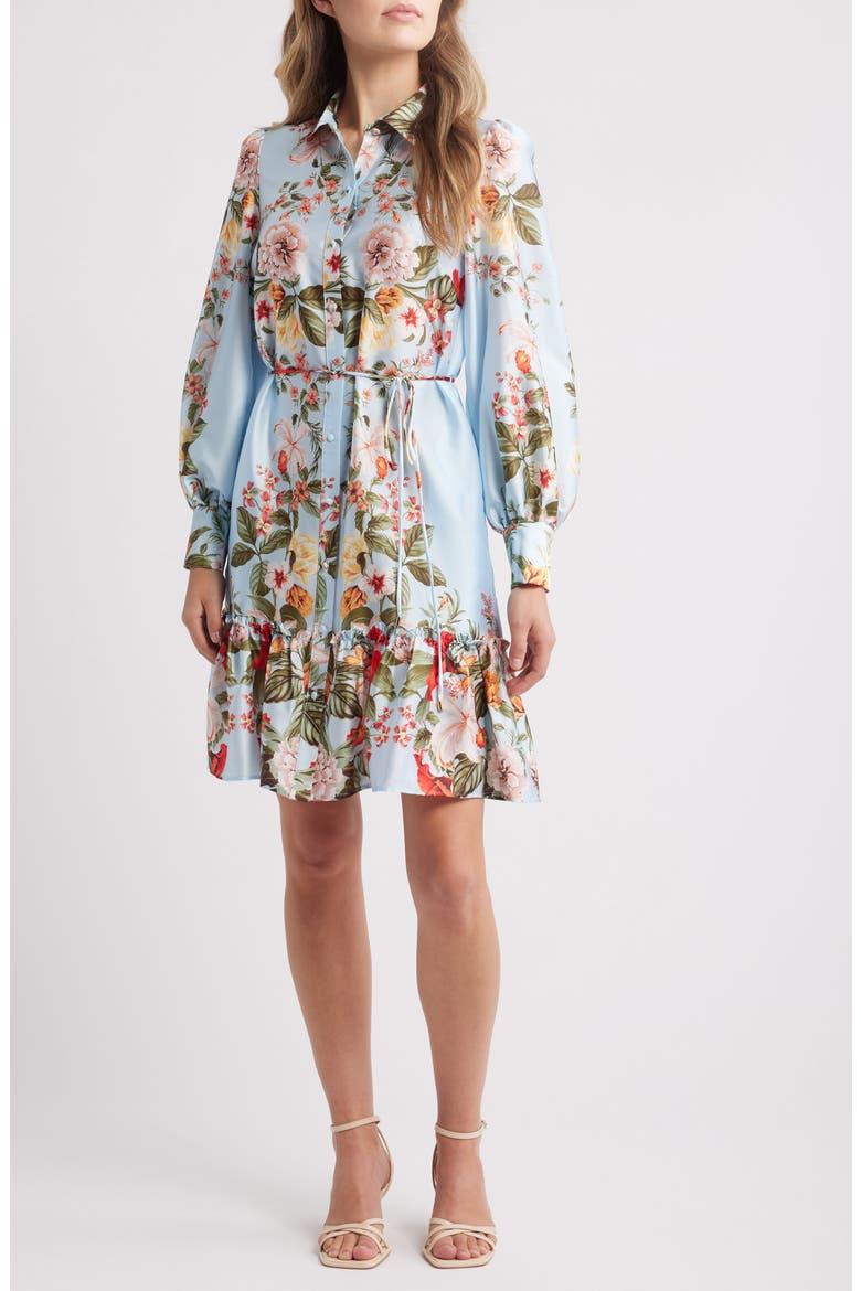 Floral Long Sleeve Satin Shirtdress, Main, color, BLUE MULTI