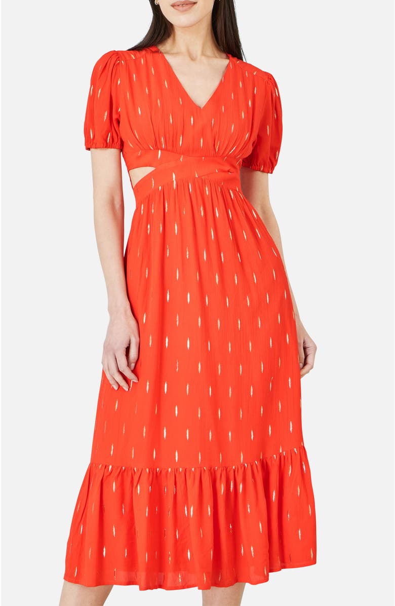 Yumi Foil Print Viscose Cut Out Midi Dress, Alternate, color, Orange