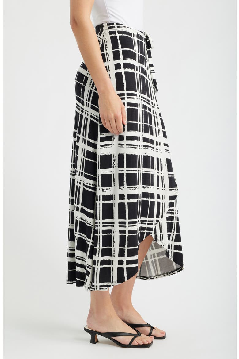 Windowpane Plaid Faux Wrap Knit Skirt, Alternate, color, BLACK/ IVORY