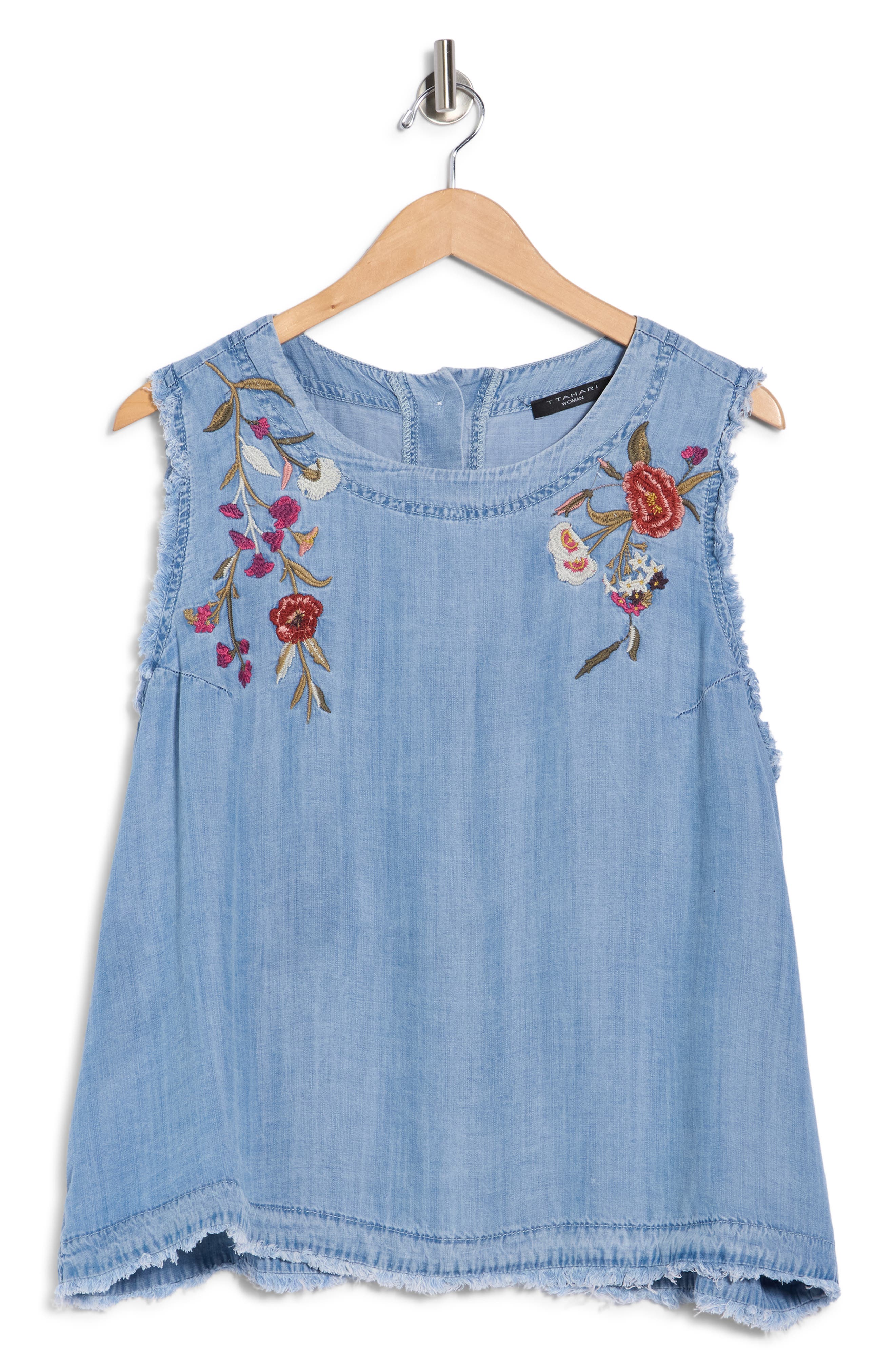 T Tahari Floral Embroidered Chambray Shell