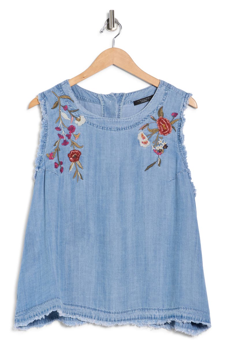 T Tahari Floral Embroidered Chambray Shell, Main, color, Washed Denim Embroidery