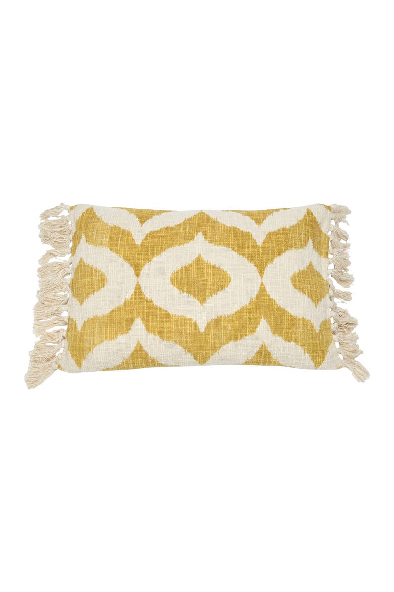 Cotton Slub Lumbar Pillow with Ikat Pattern and Tassels, Main, color, Yellow