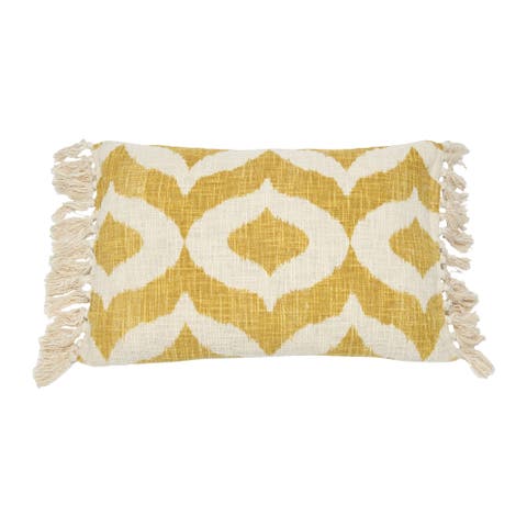 Cotton Slub Lumbar Pillow with Ikat Pattern and Tassels