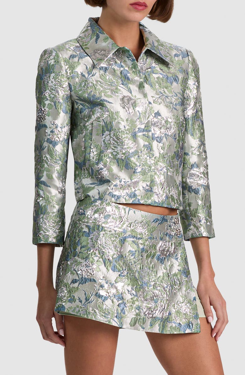 Alice + Olivia Weston Metallic Floral Jacquard Crop Jacket, Alternate, color, Light Sage