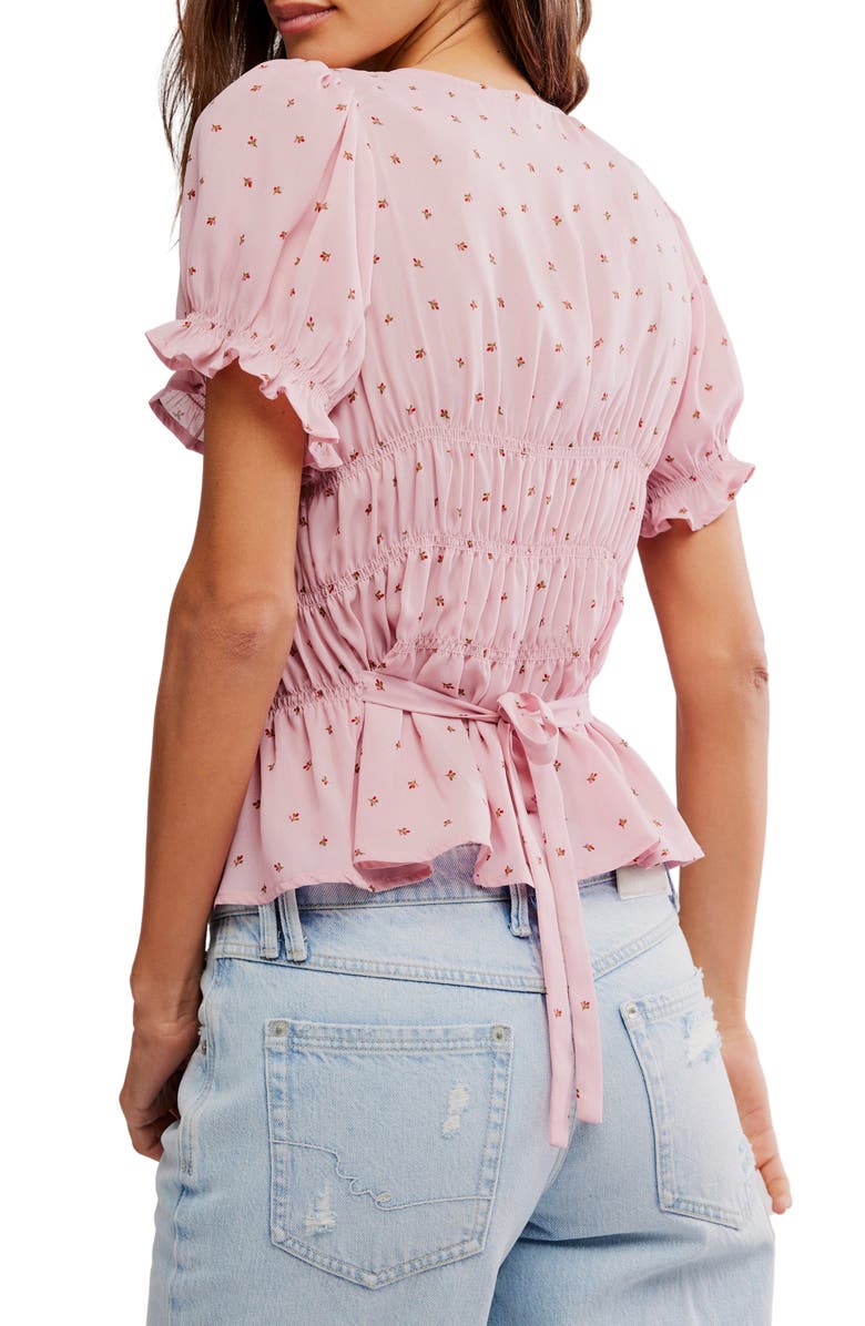 Free People Adore You Ruffle Puff Sleeve Peplum Top, Alternate, color, Bleached Mauve Combo