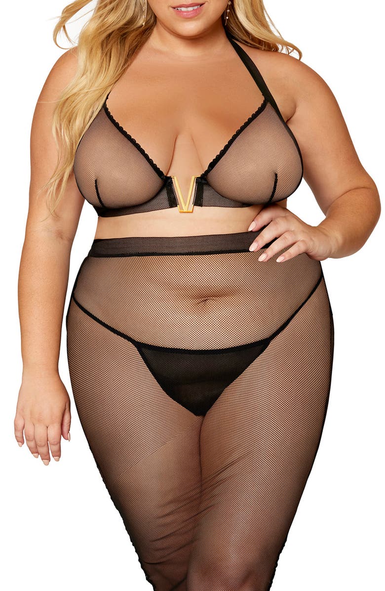 Dreamgirl Wireless Stretch Fishnet Bra & Slip Skirt Set, Alternate, color, 